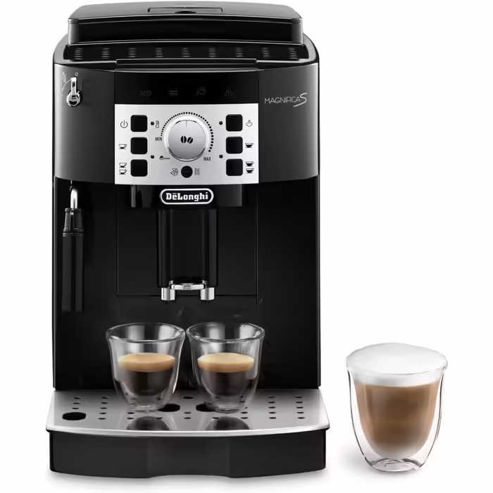 Кавомашина De'Longhi Magnifica S ECAM 22.110.B, автоматична, з насадкою для спінювання молока, кнопками для еспресо, регулятором міцності, функцією приготування двох чашок, резервуаром для води 1,8 л, чорна з хромованими вставками