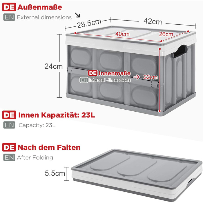 Yorbay 2-Piece Set Professional Folding Box Transport Box with Lid, Foldable Storage Box with Handle, Stackable Boxes Storage Box Folding Boxes Stackable Boxes for Storage and Transport, PP, Grey (30L)