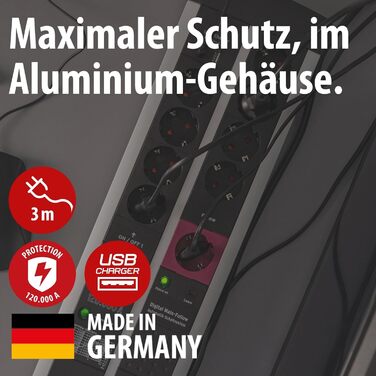 Бренненштуль Premium-Protect-Line Мережевий фільтр для геймерів з 11 розетками, USB 3.10A, захист від перенапруги, 3м кабель, Made in Germany (сріблястий/чорний)