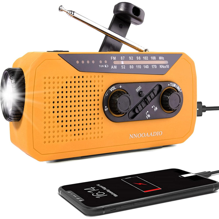 Радіо Solar-Radio з ручним генератором, AM/FM, погода, ліхтарик, SOS, 2000 mAh, Powerbank, навушник, для надзвичайних ситуацій та активного відпочинку, помаранчеве