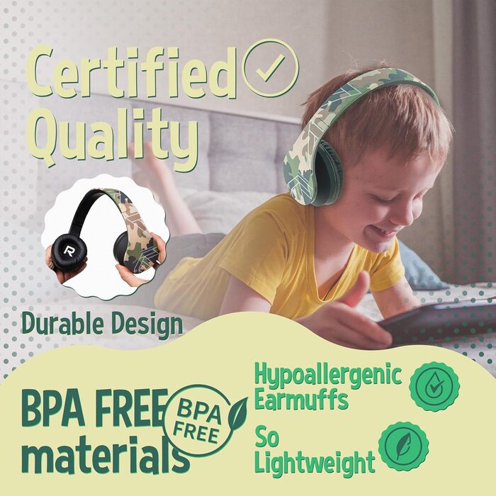 Дитячі навушники PowerLocus Bluetooth з обмеженням гучності 85dB, складні, з чохлом, Over-Ear, бездротові та з кабелем, з мікрофоном, підтримка Micro-SD, камуфляж (для телефону, ПК, планшета)