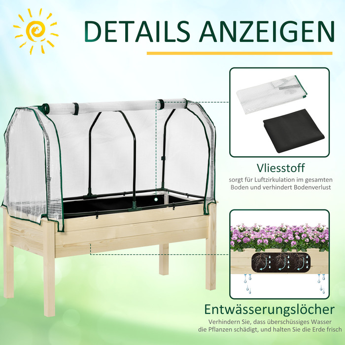 Outsunny Raised Garden Bed Cold Frame 121x55x117 cm made of Fir Wood with Protective Film and Drainage Holes, Waterproof for Garden & Balcony in Natural Color