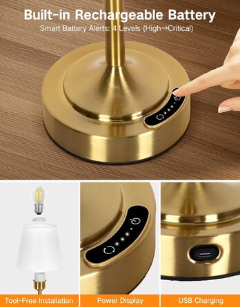 Акумуляторна LED настільна лампа OUTON з зарядкою та димером, 3 кольори світла, 4000mAh, до 60 год роботи, золота - 1 шт.