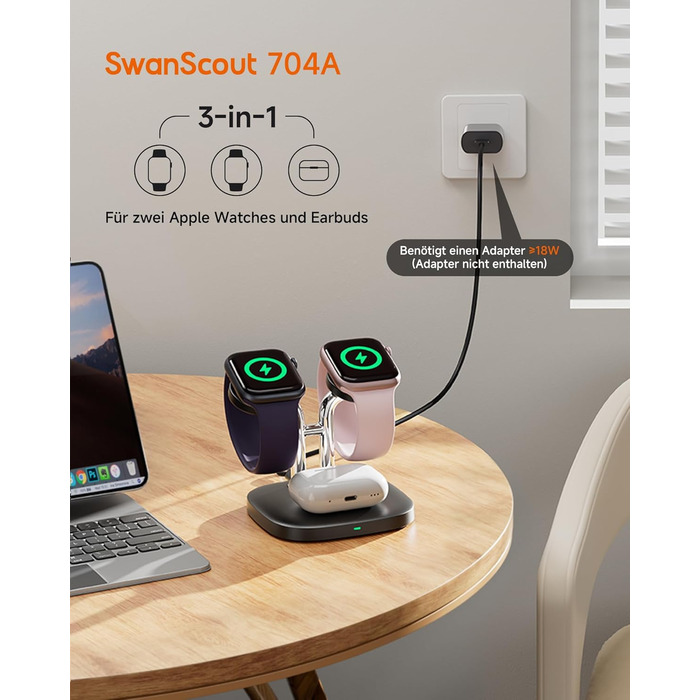 Зарядний пристрій SwanScout для Apple Watch 10/Ultra/9/8/7/6 та AirPods Pro (704A, 3.3W, чорний)