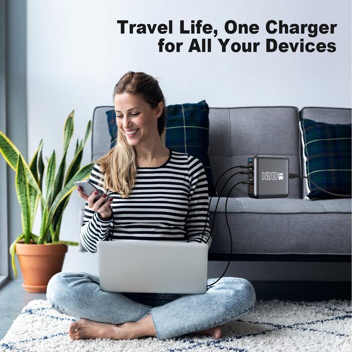 Швидкий зарядний пристрій USB-C GaN Hub 120W, 6 портів для iPad, iPhone 17/16/15/14/13/12 Pro Max, Samsung Galaxy S23 - Сірий