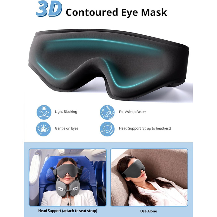 Подушка для шиї у літак з ременем безпеки та 3D маскою для сну, блакитна. Підтримка шиї та голови, високоякісний пінополіуретан, запобігає нахилу голови.