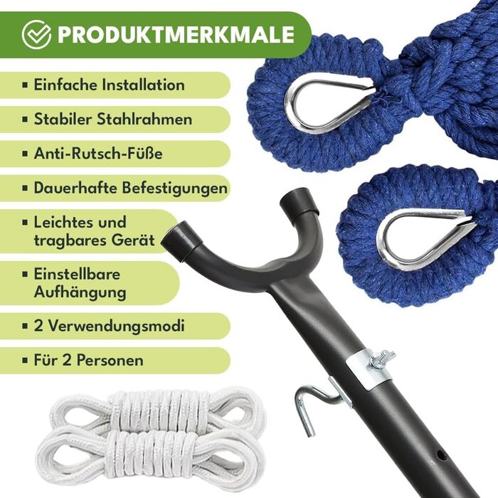 Гамак KRUMAD 260 см, до 250 кг, вуличний, бавовна-поліестер, з дерев'яними розпірками та сумкою (синьо-білий, з каркасом)