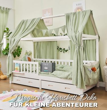 ALAVYA HOME® 3-Piece House Bed Decor Set with 2 Canopy Curtains | 1 Wimpelkette (300cm long) for Children's Bed, Kids' Room | 100% Organic Muslin Cotton | GOTS Certified | 125 x 350 cm | Khaki 125 x 350 cm Khaki