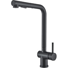 Змішувач для кухні Rozin, чорний матовий, високого тиску, з висувною лійкою 360°, 2 режими, для мийки, з донним клапаном (Orb)