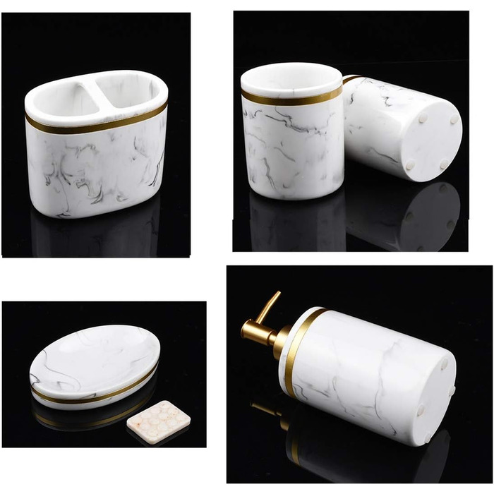 Набір аксесуарів для ванної кімнати 5 шт. з імітацією мармуру (білий + золото/чорний), включає: дозатор мила, стакан для зубної щітки, мильниця, тримач для зубних щіток, набір для ванної кімнати