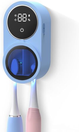 Biodzzs Wall-Mounted Toothbrush Holder and Cleaner, Smart Light Cleaning and Fan Drying, Automatic Rotating Cover, Toothbrush Case with Digital Display, Portable, Blue