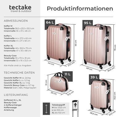 Набір валіз Tectake® (4 шт.) з ваговою та ідентифікатором, 360° колеса, жорсткий корпус із замком, велика валіза, вкладна, ручна, рожеве золото