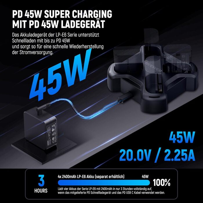 Набір акумуляторів NEEWER LP-E6NH (3 шт.) 2250mAh та зарядний пристрій USB з трьома слотами для Canon EOS R7, R5, R6, R6 II, R 5DIV, 6DII, 7DII, 80D, 90D (NW-P4 з PD 45W)