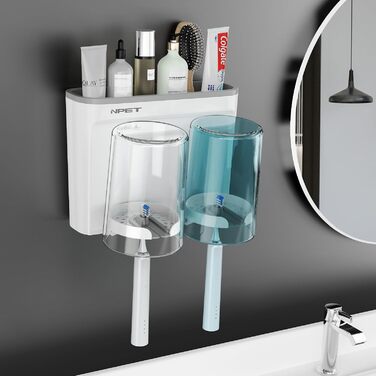 NPET Bathroom Toothbrush Holder, 3 Cups, Toothbrush Holder Set, Wall Mount, Ideal Bathroom Accessory Organization (2 Cups, Grey)