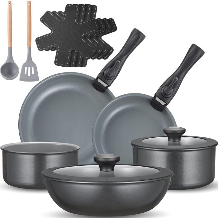 Набір каструль BEZIA 17 предметів з знімним ручкою, антипригарне покриття з кераміки, набір каструль для індукційних плит, підходить для всіх типів плит, стійкий до нагріву, посуд для кемпінгу, посуд для духовки (темно-сірий)