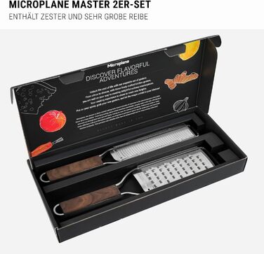 Microplane Набір терок Master Series (Zester та Extra-Grob) для цитрусових, твердого сиру, горіхів, картоплі, моркви та цукіні з ручкою з волоського горіха та лезами з нержавіючої сталі - Made in USA