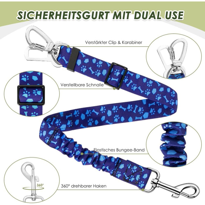 Автогурт для собак у машину, 2 шт. Безпечний ремінь для собак з амортизацією, універсальний кріплення для подорожей, блакитний