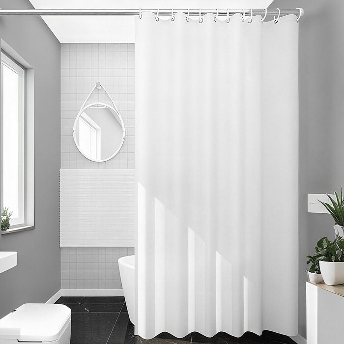 Шторка для душу Uniclife, біла, 180x180 см, тканинна, водонепроникна, з 12 гачками, з обтяженим краєм, для ванни
