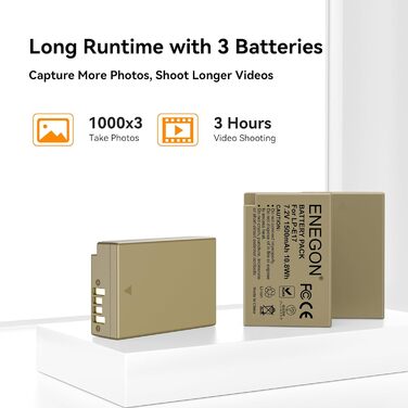Акумулятори ENEGON LP-E17 1500mAh (3 шт.) + Зарядний пристрій LCD з 3-секційним відсіком, сумісний з Canon EOS R10, R8, RP, R50, R100, 200D, 250D, 77D, 750D, 760D, 800D, 8000D, M3, M5, M6, Rebel SL2, T6i, T6s, T7i
