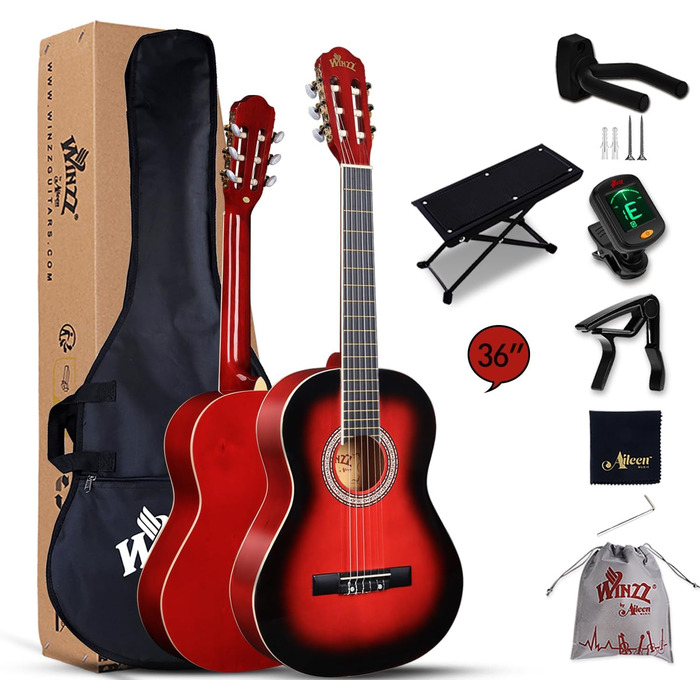 Класична гітара Winzz 4/4 для дорослих та дітей (від 11 років), набір для початківців - Чорний глянцевий (39 дюймів), 3/4 - Червоний