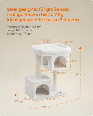 Feandrea Cat Tree, 84 cm Cat Tree, L, Cat House for Large Cats up to 7 kg, Large Platform, 2 Cat Caves, Sisal Posts, PCT61W (L (60 x 40 x 84 cm), Cream White)