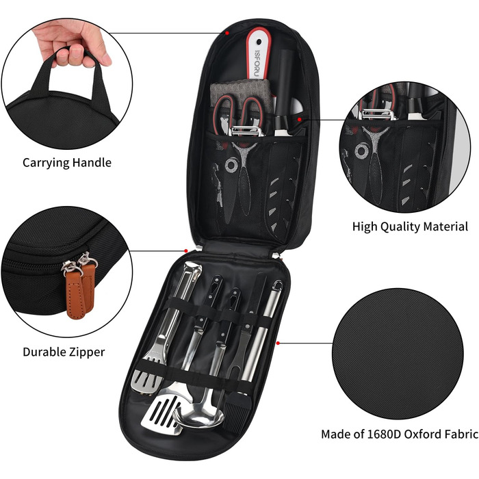 Набір кухонного приладдя для кемпінгу ISFORU 12шт: сковорода, ніж, лопатка, щипці, шумовка, дошки для нарізання. Чорний колір. Ідеально для пікніків, подорожей та походів