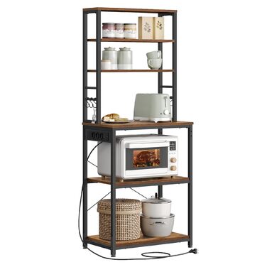 Стелаж кухонний VASAGLE з розетками, 6 полиць, гачки, сталевий каркас, 40x60x167 см, золотий дуб + білий