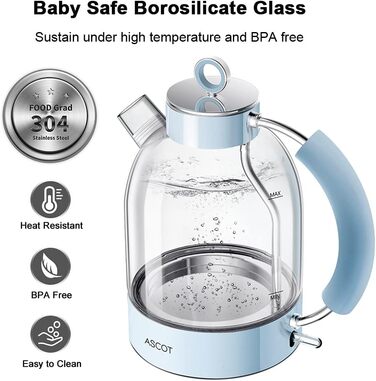 Електричний чайник ASCOT зі скла, 1,5L, блакитний, з функцією захисту від сухого кипіння та автоматичним вимкненням. Ідеальний подарунок для чоловіків, жінок та сім'ї.