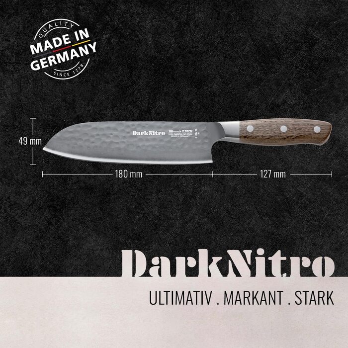 Ніж кухарський F. DICK DarkNitro 21 см, кування, нержавіюча сталь, гостра клинка 61 HRC, ручка з дуба та Hammerschlag, професійний ніж Made in Germany, 81147212 (Santoku Messer)