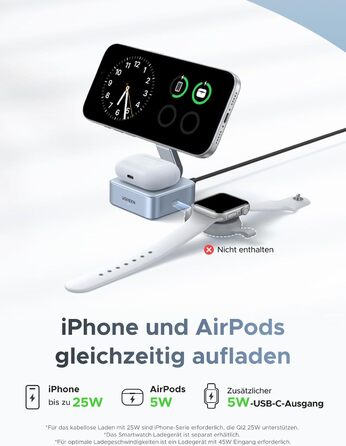 Зарядний пристрій UGREEN MagFlow 2-в-1 MagSafe 25W з підтримкою Qi2, нахильний 70°, для iPhone 16/17, AirPods та Pixel 10 Pro XL, з кабелем 1м