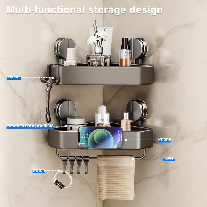 Поличка для душу без свердління, кутова поличка для ванної кімнати з присосками, корзина для душу з тримачем для рушників та знімними гачками (2 шт., сіра)