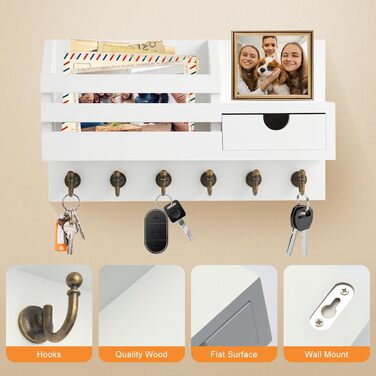 Дерев'яне ключниця з полицею та шухлядою, 6 гачків, для прихожей, офісу, на стіну (білий)