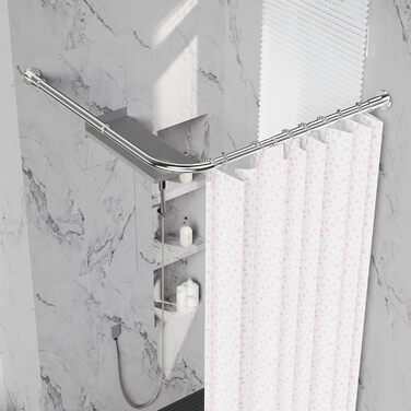 Регульована кутова штанга для душу L-Form, 68–96 см × 68–96 см, нержавіюча сталь, вологостійка та антикорозійна, з 12 кільцями та комплектом кріплень, срібна