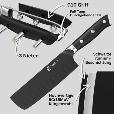 Wakoli Nakiri Messer 17 см: ніж для овочів з титанового покриття, нержавіюча сталь, G10 ручка, ніж для овочів та зелені, ніж для хліба в подарунковій коробці
