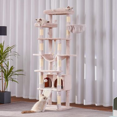 Багатоповерховий котячий будиночок Heybly Kratzbaum HCT033G, бежевий, 200 см, з 11 стовпчиками для шліфування, платформами, гамаком, печерою та іграшками