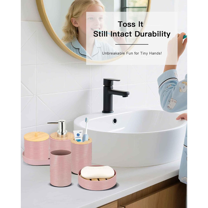 Набір для ванної кімнати IMAVO Pinkes, 26 предметів: аксесуари, душова завіса, килимки, відро, піднос, дозатор мила, мильниця, тримач для зубних щіток, стаканчик для щіток, рожевий