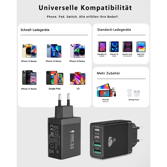 Зарядний пристрій USB-C 2 шт, 4 порти: адаптер для швидкої зарядки 40W PD 3.0 для iPhone 15 Pro Max, Samsung та інших смартфонів - чорний