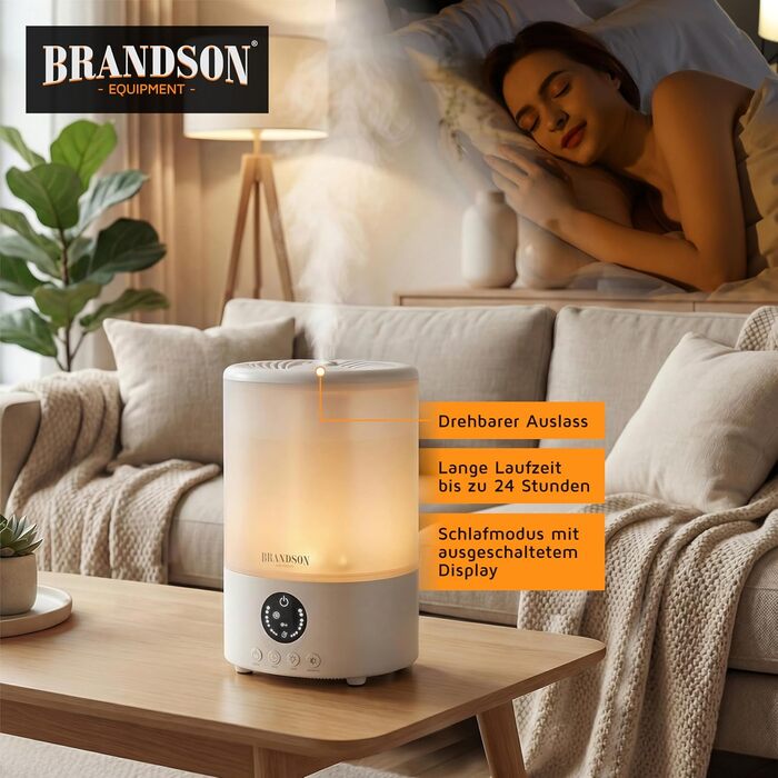 Зволожувач повітря Brandson 2.5 л, ультратихий (30 дБ), пульт, дисплей, 3 режими туману, RGB, нічний режим, для спальні, дитячої, вітальні