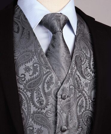 Костюмний жилет для чоловіків HISDERN з візерунком Пейслі (Jacquard) — набір: жилет, краватка та хустка в кишеню, елегантний сірий, розмір XS