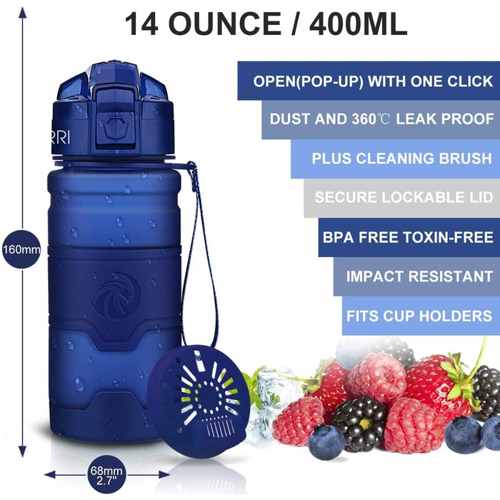 ZORRI Sport Water Bottle for Kids, 500 ml/700 ml/1000 ml, BPA-free, eco-friendly Tritan plastic, reusable water bottles with filter, 1000ml-32oz (Dark Blue, 414 ml)