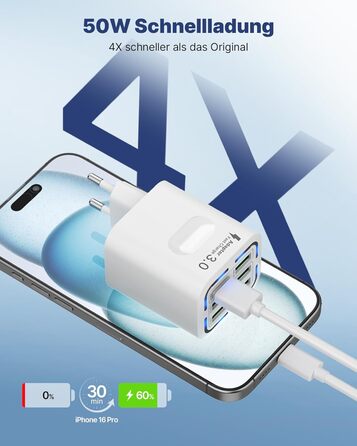 Зарядний пристрій USB 6-портовий, 33W, адаптер з QC 3.0, багатопортовий зарядний пристрій, мережевий адаптер для iPhone 16 15 14 13 12 11 Pro Max, iPad, мобільний телефон, білий