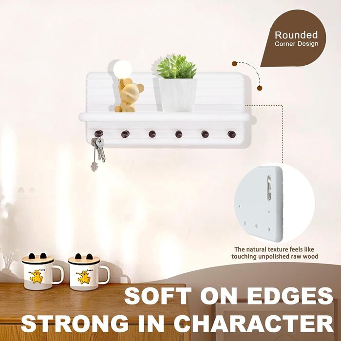 Дерев'яне ключниця з полицею та 6 гачками, ключниця на стіну для прихожого, коридору, кухні (білий)
