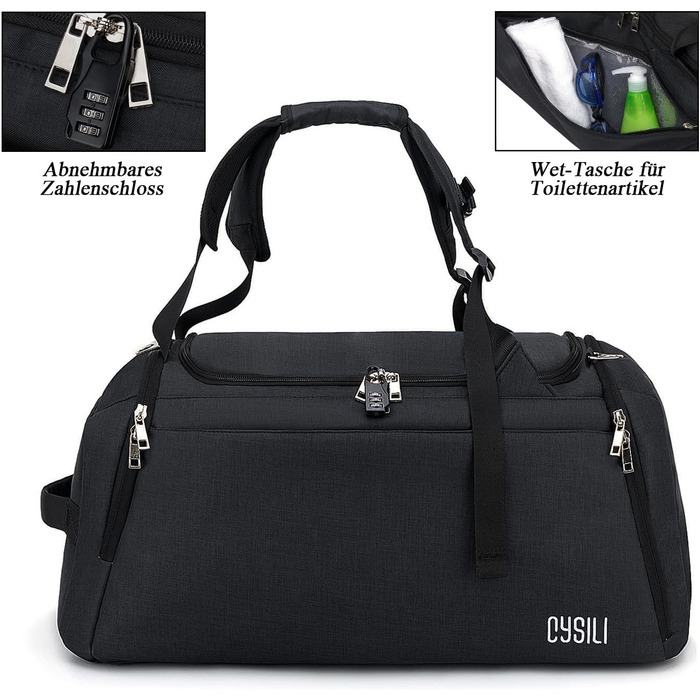 Sports bag with shoe compartment and wet compartment, 42L carry-on bag sports rucksack women men, gym bag travel bag large with shoulder strap and combination lock