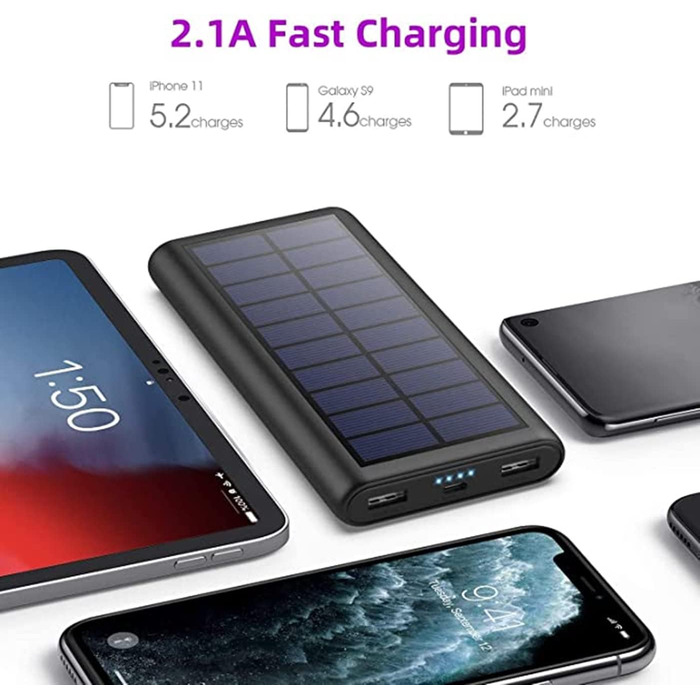 Портативний сонячний павербанк 26800mAh з USB-C, 3 виходи, для активного відпочинку, сумісний з iPhone та Samsung (чорний)
