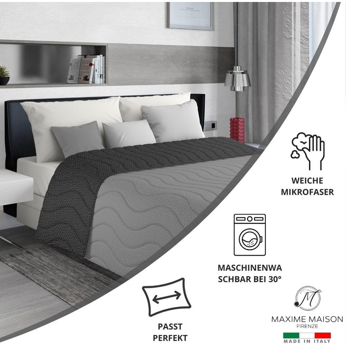 Тagesdecke 240x260 см Чорний/Сірий: двостороння постільна ковдра для дволіжка, стегане покривало з мікрофібри, Made in Italy