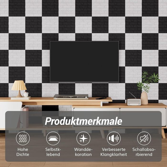 Акустичні панелі TONOR у вигляді цегли, самоклеючі шумопоглинаючі плити для стін (18 шт, 30x30x0,9 см), чорні — для звукоізоляції та декору кімнати