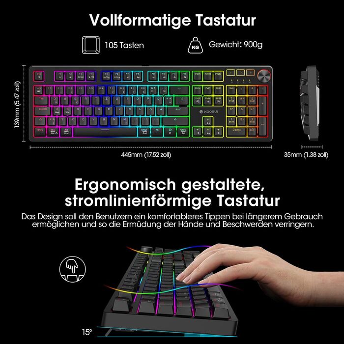 Механічна ігрова клавіатура KOORUI з підсвічуванням RGB, QWERTZ, 104 клавіші, для Windows/MacOS/Linux