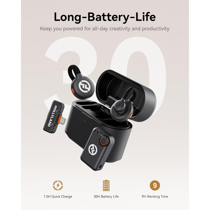 Hollyland Lark M2S Бездротовий мікрофон-лапка з USB-C для iPhone 15/16 та Android, кліпса Titan, Plug-and-Play, шумозаглушення, 300 м радіус дії, 27 годин роботи від акумулятора для Vlogging (2 передавачі + 2 приймачі + зарядний пристрій), Чорний