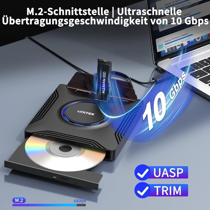 Зовнішній CD/DVD привід UNITEK USB-C, портативний DVD-плеєр з картридером SD, USB 3.0 Hub та CD-ROM записником для ноутбуків, ПК, Windows, Linux, macOS (чорний)