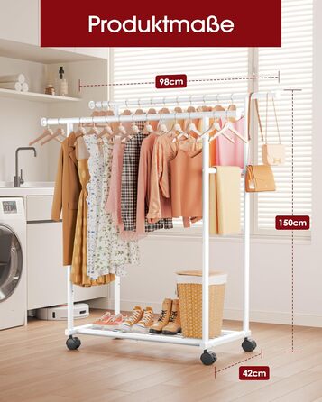 Вешалка для одежды на колесах з подвійною перекладиною та сітчастим дном, 98 x 42 x 150 см, білий